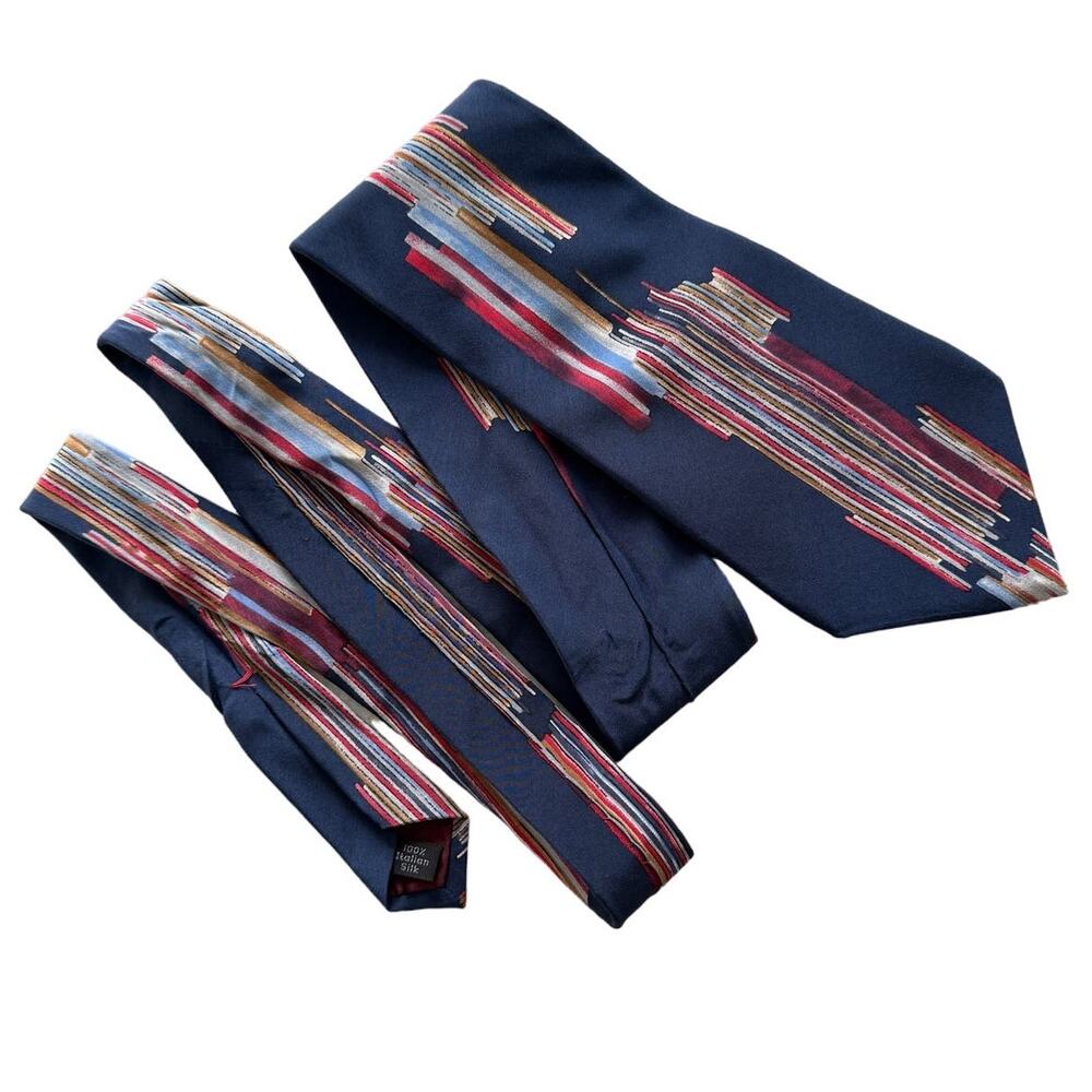 Halston III vintage 80s 100% silk retro striped tie 4” w navy blue red - Picture 4 of 4